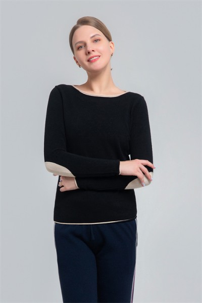 Women's Round neck sweater with contrast elbow patch