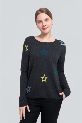 Ladies wool sweater with intarsia stars, Ladies wool sweater with intarsia stars