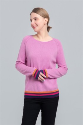 Round neck sweater with rainbow contrast colo at hem, Round neck sweater with rainbow contrast colo at hem